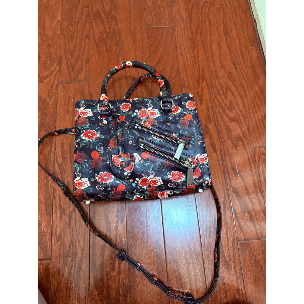 Rebecca Minkoff Jamie Floral Leather Moto Satchel Crossbody‎ Bag Black Red Rose